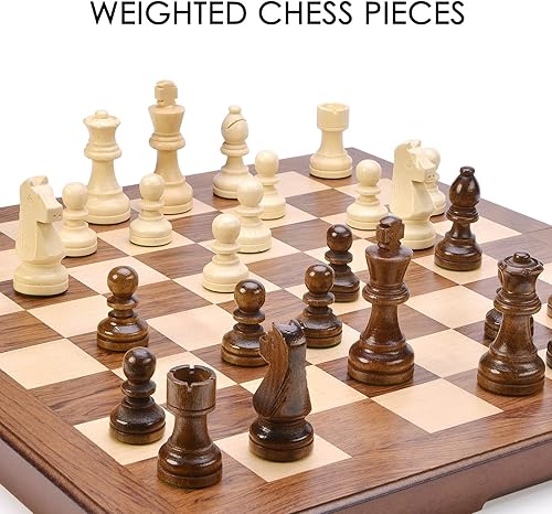Miniatura 4 de AMEROUS Juego de ajedrez y damas de madera con piezas de ajedrez ponderadas mejoradas, juegos de mesa de ajedrez de 15 pulgadas (2 en 1) para niños,