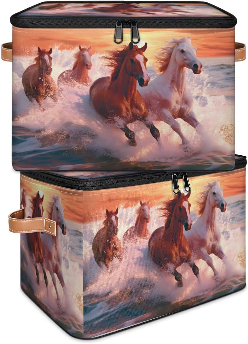 Storage Bin Set of 2 Sea Horse Storage Basket with Zipper Lid & Handle Foldable Closet Shelf 2 Pack Cloth Organizer Basket Cube Bins Clothes Organizer for Bedroom, Nursery