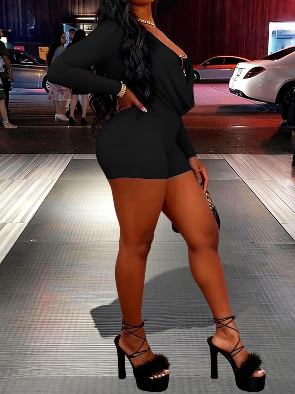 ThusFar Women Sexy V Neck Ruched Jumpsuit Long Sleeve Shorts Club Going Out Outfits Bodycon Romper Birthday Party Night - Image 3