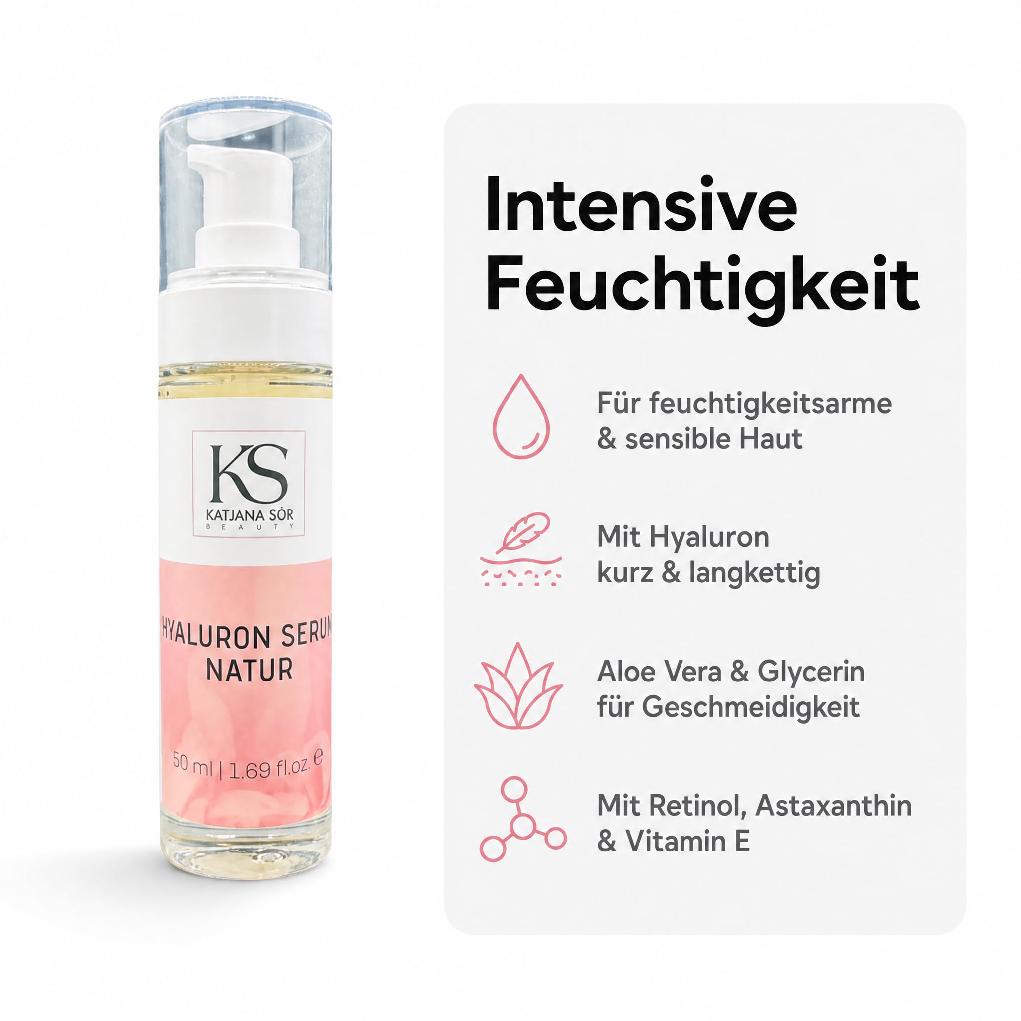 KS Beauty Hyaluronserum Natur – Feuchtigkeitsserum mit Hyaluronsäure, Aloe Vera, Retinol, Astaxanthin & Vitamin E (50 ml)
