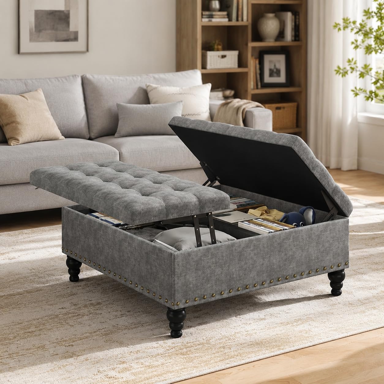 35" Tufted Ottoman Coffee Table with Lift Top, Hidden Storage & Solid Wood Legs - Gray Chenille