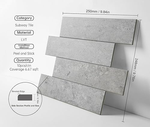 Miniatura 2 de COLAMO 10 piezas de lujo gris claro para cocina, azulejos de metro autoadhesivos más gruesos, azulejos de cerámica mate sintéticos, pegar en la