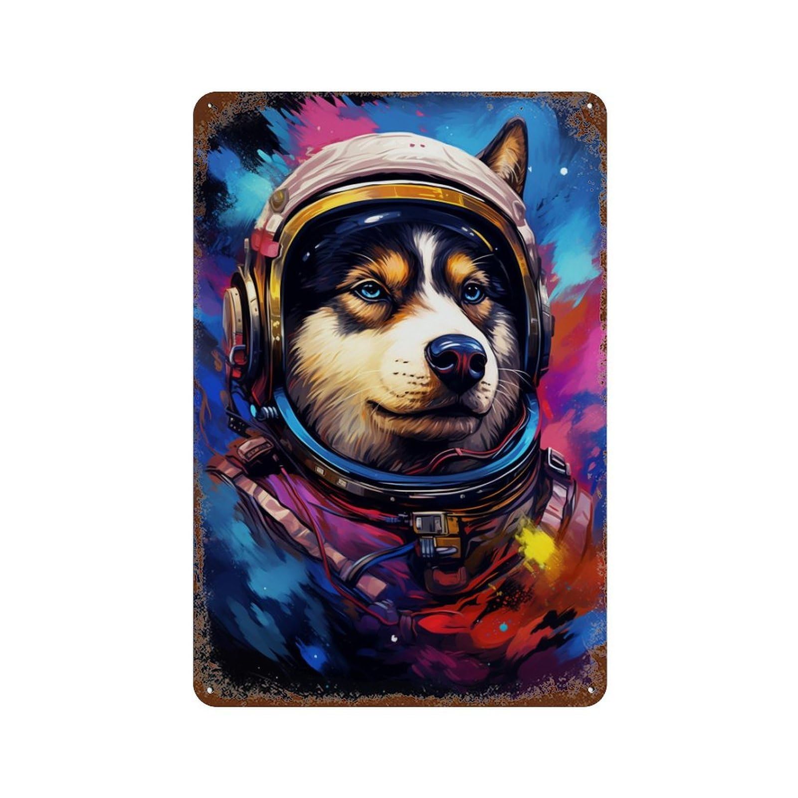Space Dog Explorer-147 Distressed Metal Wall Sign 11.8"x7.9", Rustic Home Decor for Living Room, Hallway And Home Decor