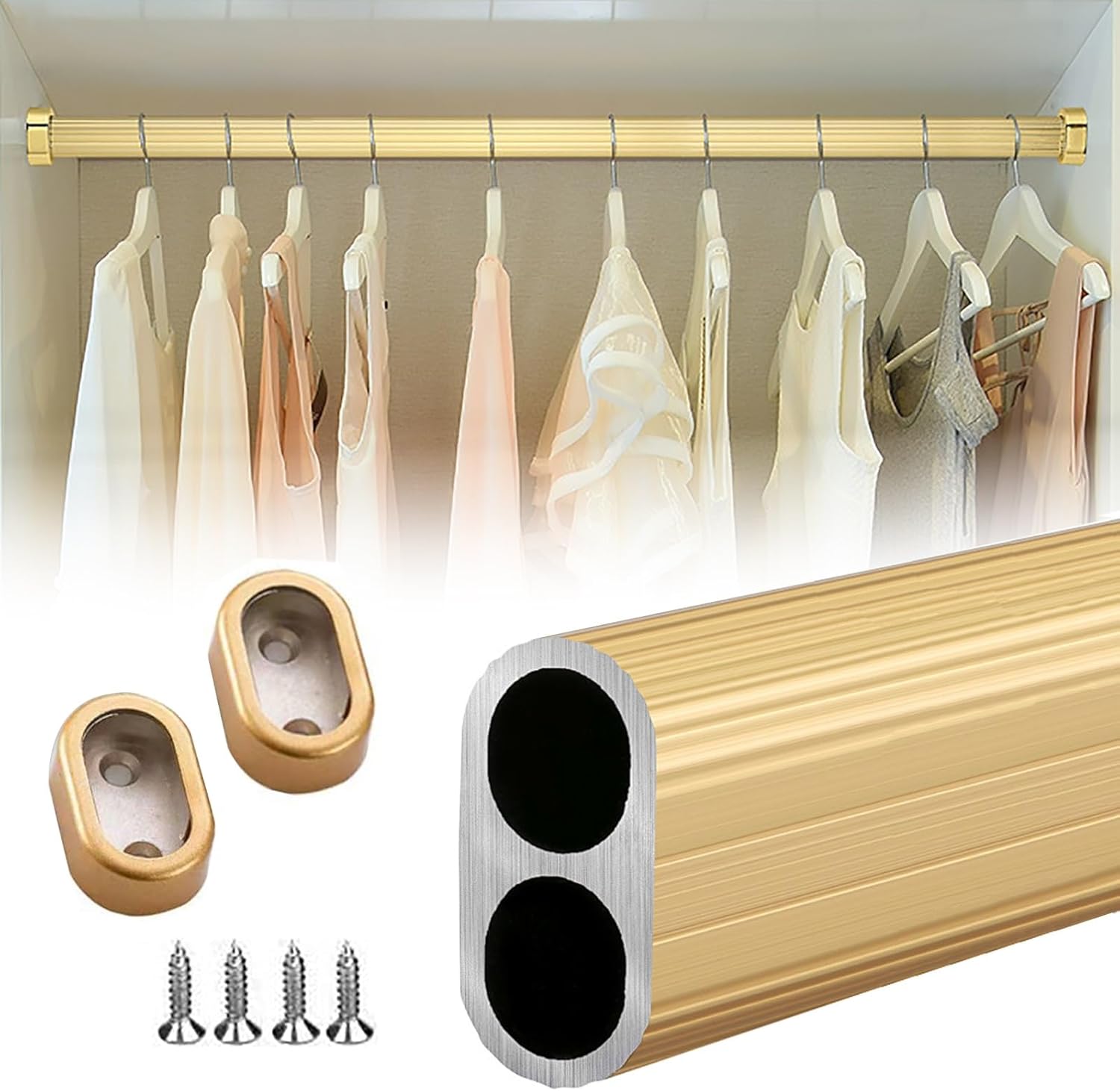 YLLFFLL Gold Closet Hanging Rods for Clothing Wall Mount, Space Saver Wardrobe Rod with End Supports, Removable Clothes Rail Pole for Cabinet/Laundry Room (Size : Length 158cm/62.2in)