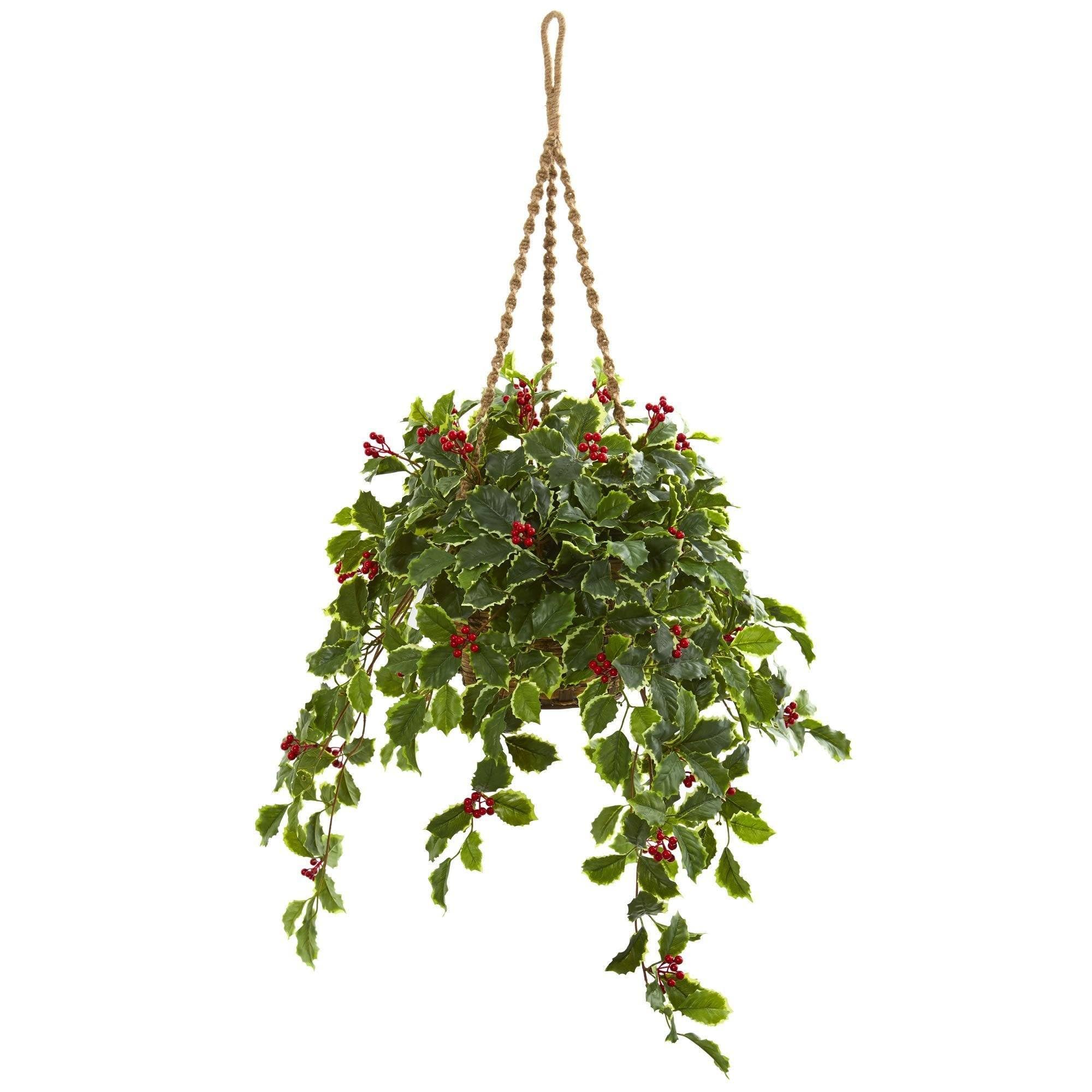 Panier suspendu de houx artificiel toucher réel 101cm pour verdir les coins sombres sans arrosage