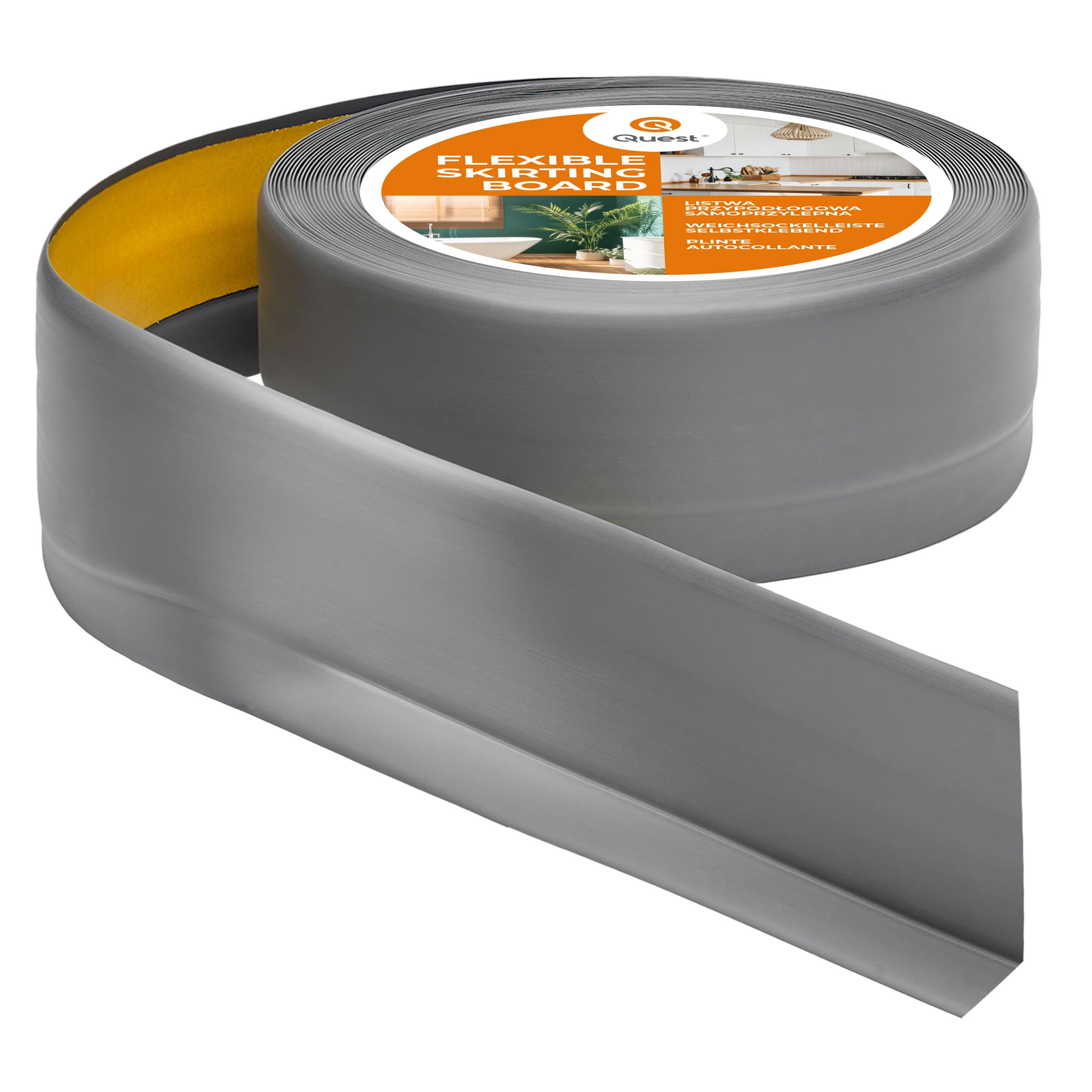 Quest Battiscopa Morbido 50 x 20 mm Autoadesivo - Grigio, 20 m | Listello di finitura flessibile in PVC, senza forare, per cucina e bagno, superficie antimacchia