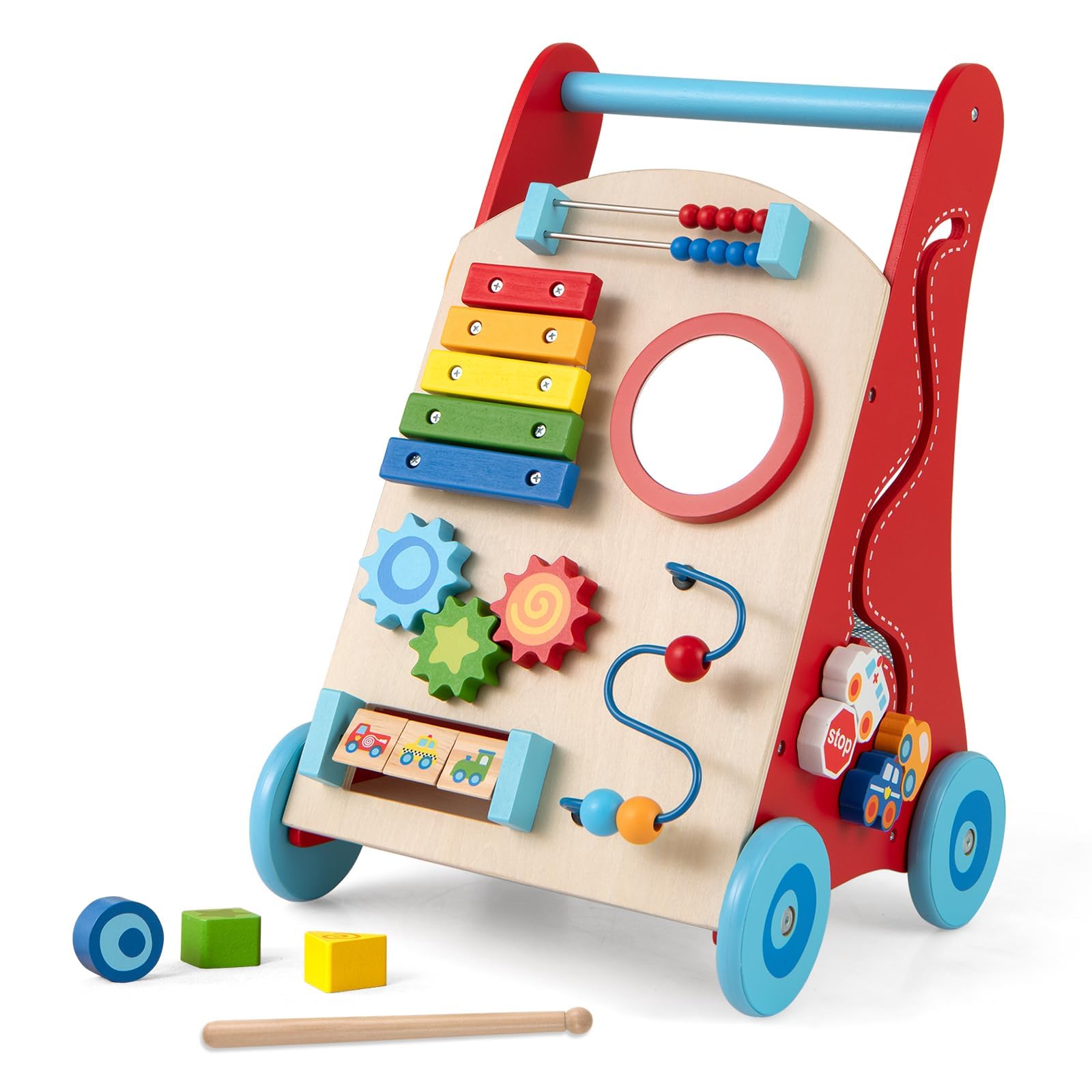 FANTASK Passeggino in legno per primi passi con manico, vano portaoggetti e ruote per spingere e tirare, Montessori Baby Walker per sedersi e stare in piedi, ragazzi e ragazze a partire da 1 anno