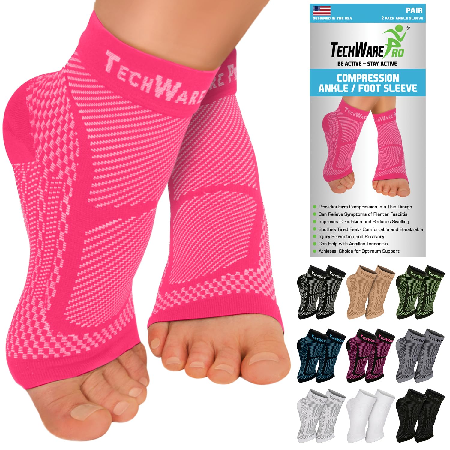 TechWare Pro Ankle Brace Compression Sleeve - Plantar Fasciitis Sock. Relieves Achilles Tendonitis. Foot Arch Support Reduces Joint Pain, Swelling & Heel Spur Pain. Injury Recovery Braces for Sports