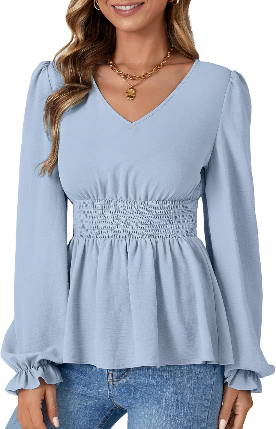 Vrtige Women's V Neck Smocked Elastic Waist Puff Long Sleeve Ruffle Peplum Top Blouse - Image 3