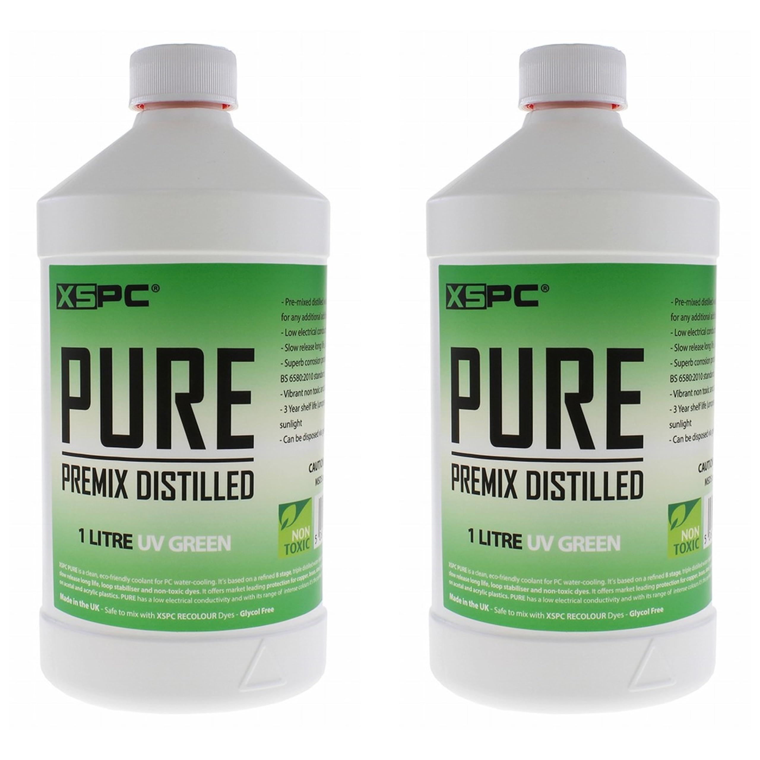 XSPC Pure Premix Distilled PC Coolant, 1 Liter, UV Green, 2-Pack