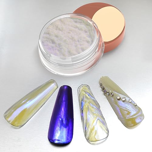 Allstarry Polvo de uñas cromado de unicornio, pigmento de polvo de uñas de perla blanca iridiscente de sirena Aurora, polvo de hadas brillante para