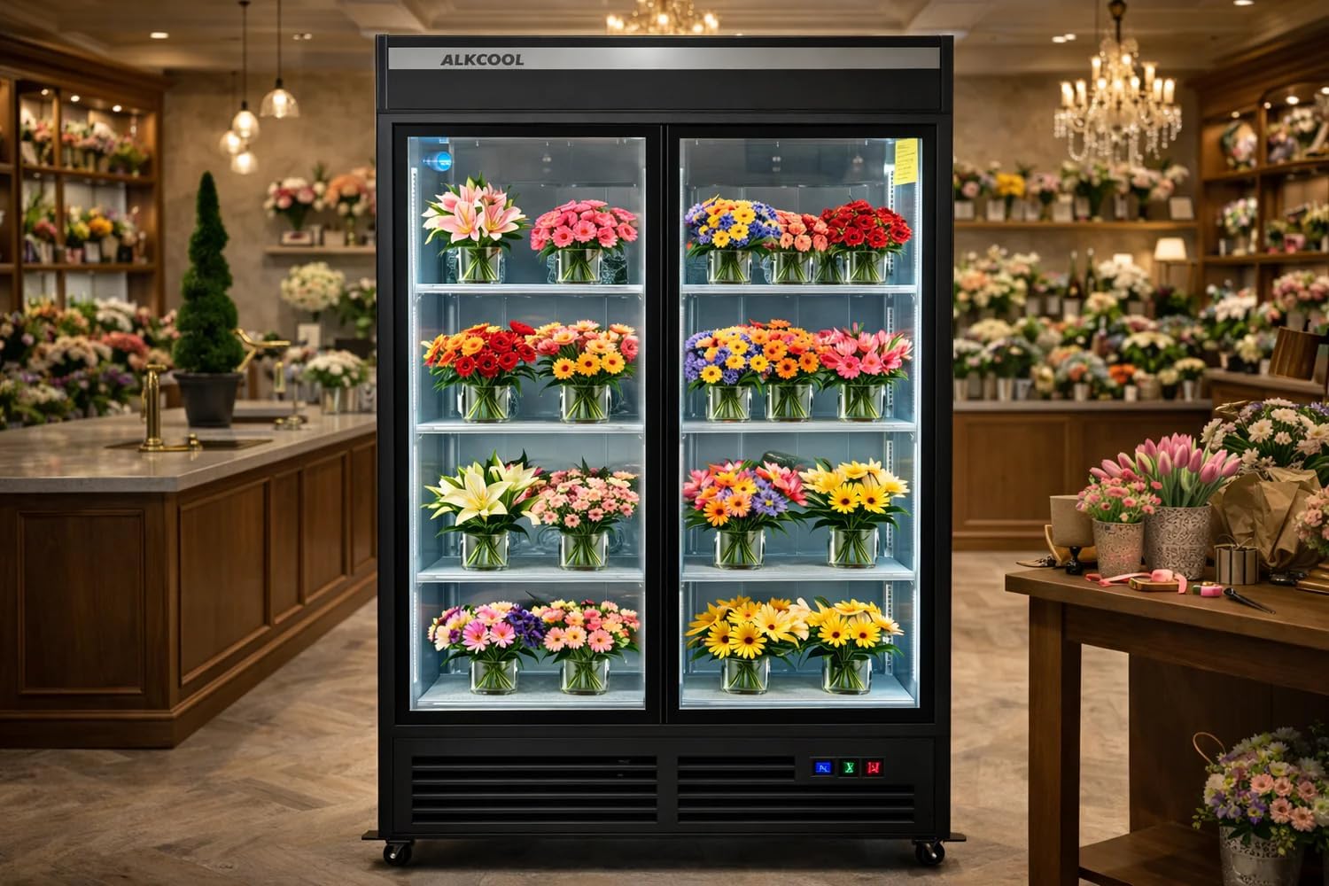 Commercial Flower Beverage Refrigerator Display Fridge,Two SLIDING Glass Door Drink Cooler Floral Display Fridge with LED Light Adjustable Shelves,ETL Sanitation,43 Cu Ft,47" Wide,Wheels Included