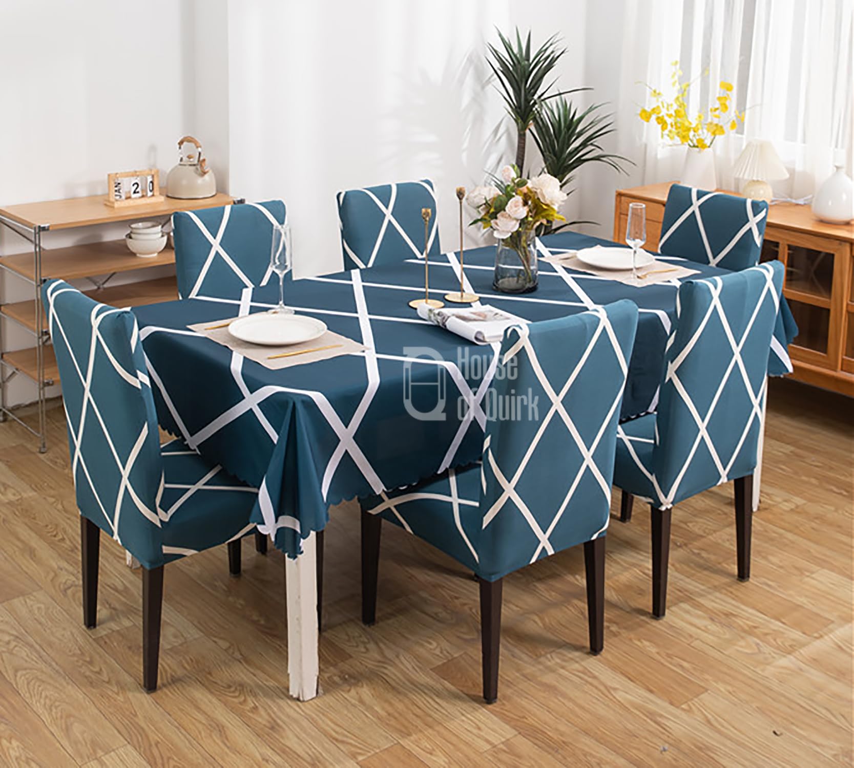 House of Quirk Dining Chair Cover with Table Covers for Kitchen Waterproof Dining Table Cloth (Blue Rhombus, 1 Table Cover + 6 Chair Cover)