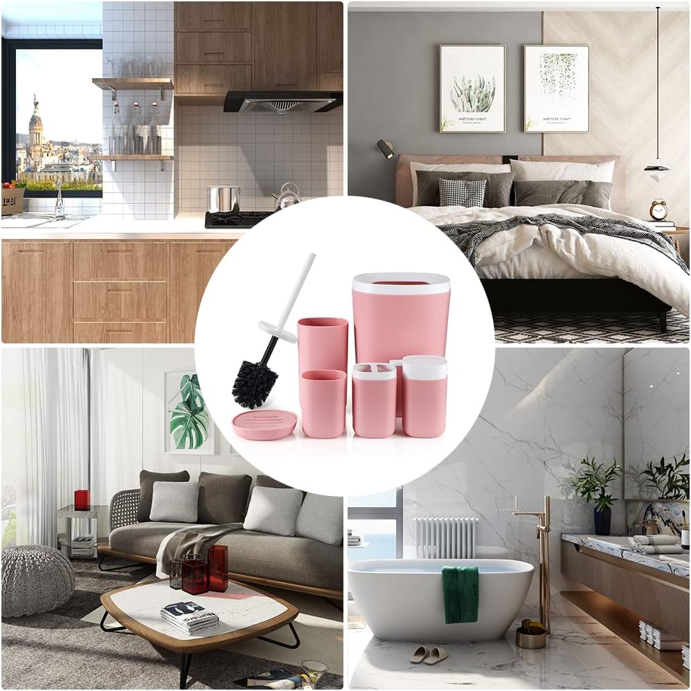 Otostar 6 Piece Bathroom Accessory Set Plastic Bath Accessories Bathroom Gifts Set with Soap Dispenser Toothbrush Holder Tumbler Soap Dish Toilet Brush Holder Trash Can Decor Countertop (Light Pink)