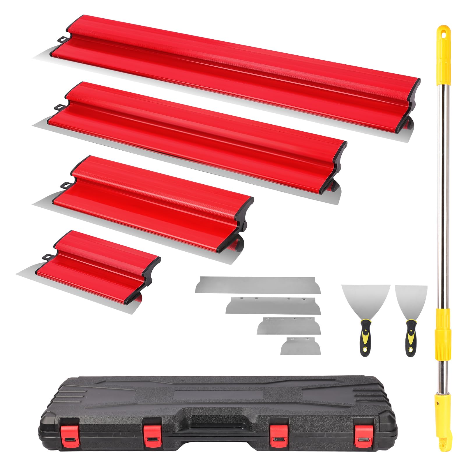 11Pcs Spatule Enduit, Jeu De Grattoirs Professionnels Avec Manche Télescopique/Boîte de Rangement, Grattoirs en Acier Inoxydable Parfaitement Lisses 25/40/60/80 CM, pour Ciment Et Béton, Construction
