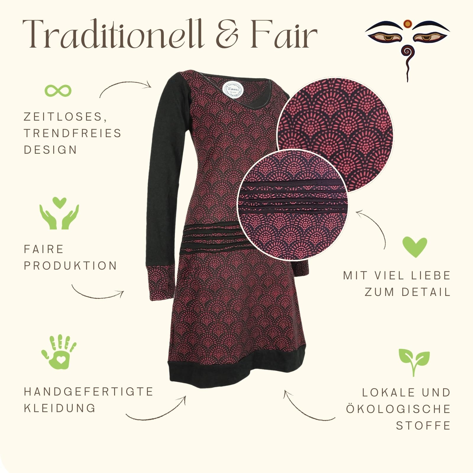Vishes Leichtes Jerseykleid Langarm mit Punkten | Handgefertigt aus 100% Baumwolle | Ideal für Herbst & Frühjahr | Nachhaltige Alternative Bekleidung