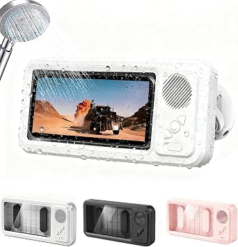 Aqua Play Phone Shower Sound, Wall Mounted Phone Case, Built-in Smart Bluetooth Speaker,Waterproof/Fog-Proof & Secure 360  Mount, Angle AdjustableWhite