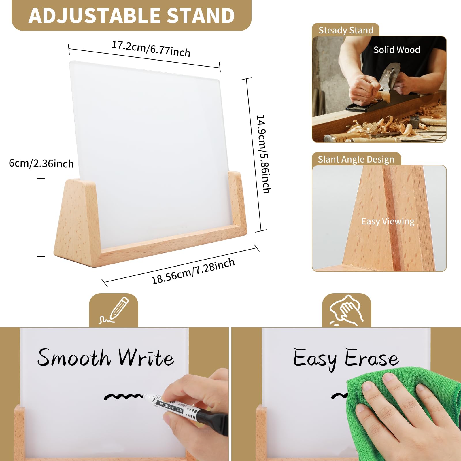 Pizarra blanca de cristal de escritorio con base de madera, pizarra blanca pequeña de borrado en seco, mini pizarra blanca portátil de escritorio para el hogar, oficina, 6.7 x 5.8 pulgadas. Accesorios