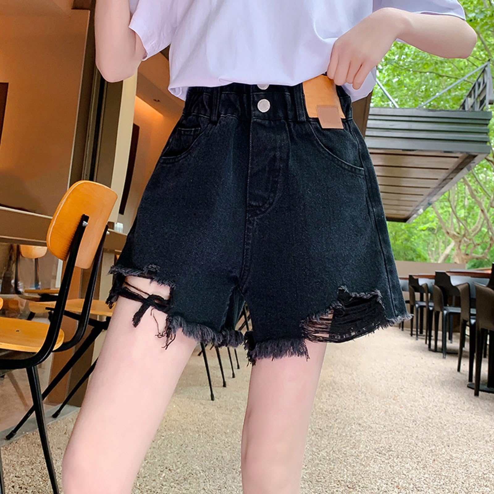 Stilvolle Streetwear Jeans Shorts Mädchen Ripped Denim Kurze Hose Sommer Bequem Outdoor Sportshorts Klassischer Jeansshorts Elastischer Bund Laufshorts Lockerer Passform Strandshorts
