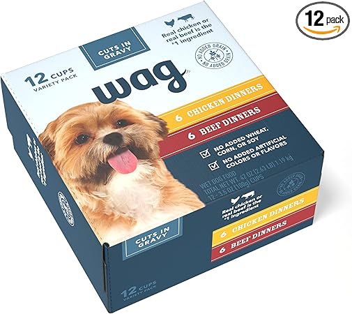 Amazon Brand – Wag Wet Dog Food Cups, Chicken & Beef in Gravy Variety Pack, 3.5oz, 12 pack