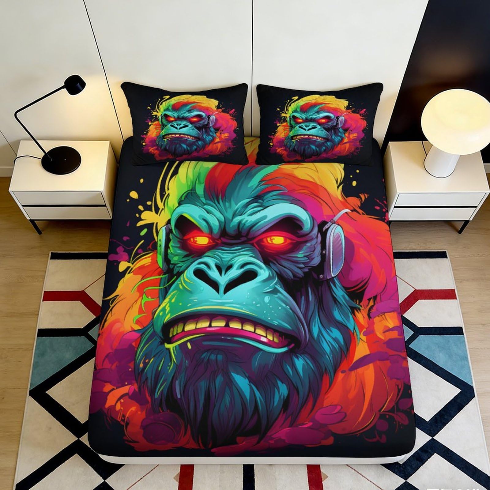 3D Printed Neon Gorilla Fitted Sheet Microfiber Vibrant Headphone Bed Cover for Bedroom Dorm Mattress Decor 90x200x25cm