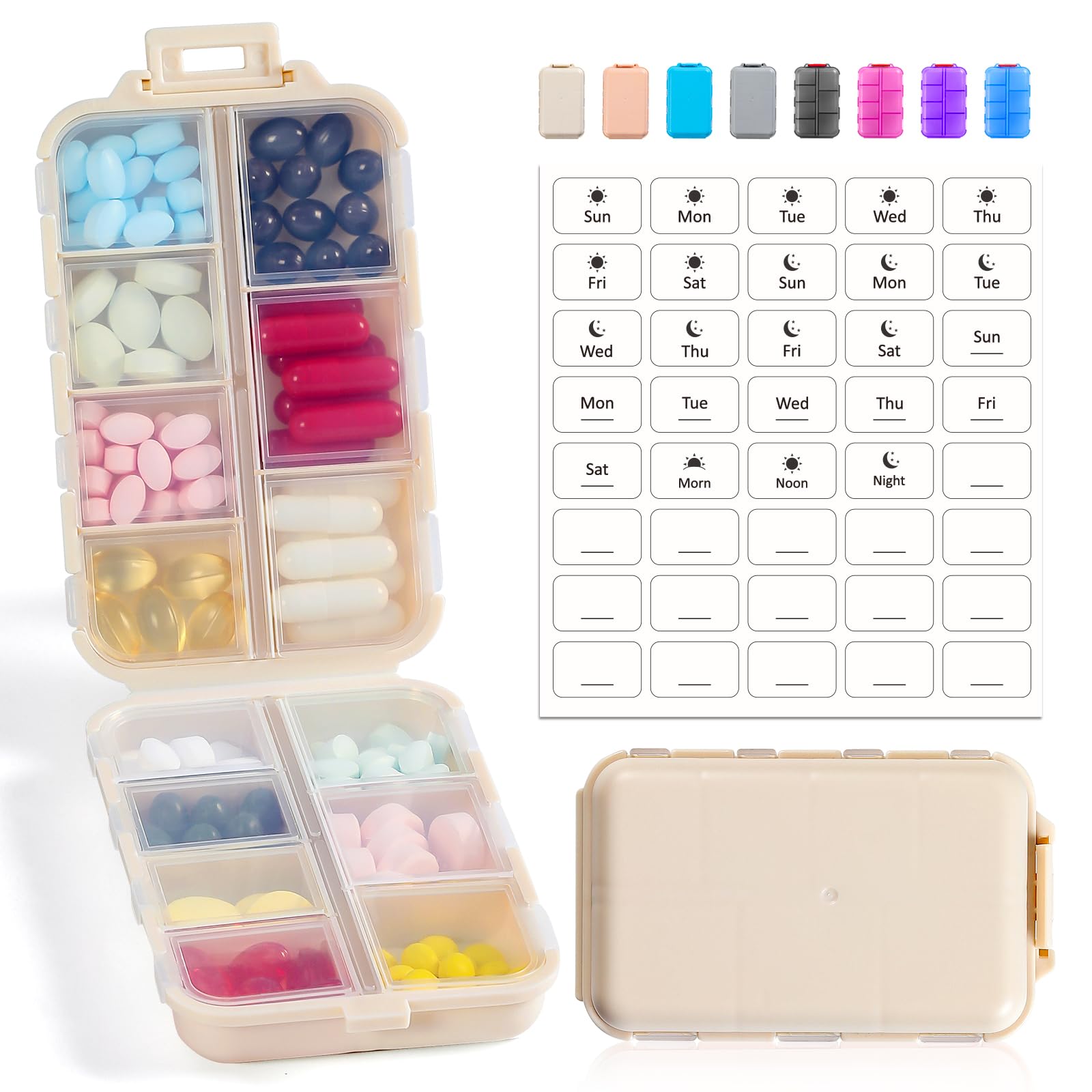 14 GRIDS Travel Pill Organizer Box with Labels - Travel Medicine Case Kit - Pocket Daily Pharmacy Container - Travel Medication Holder Dispenser for Fish Oil Vitamin Supplement Storage - Khaki