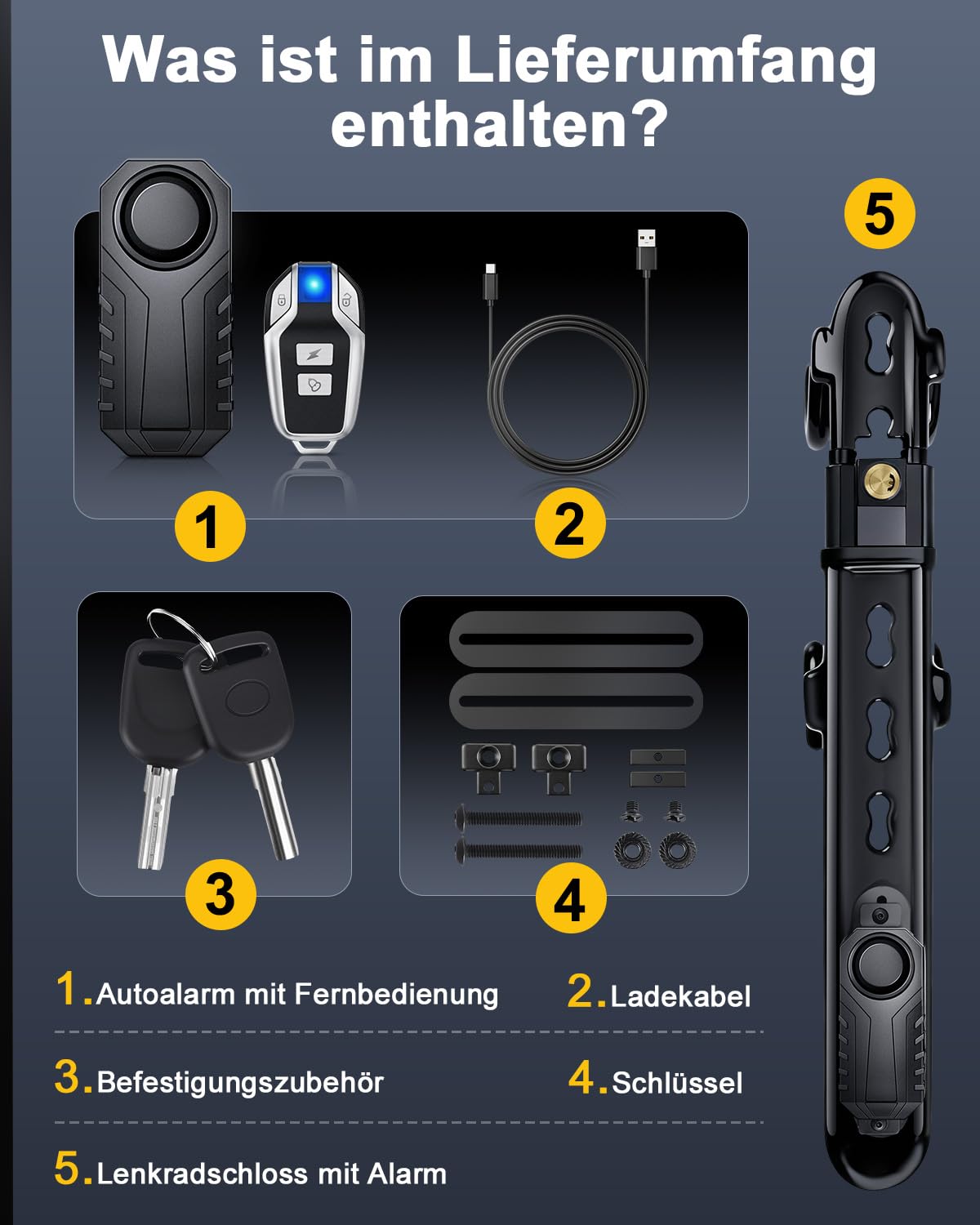 ELECTOP Lenkradschloss mit 113 dB-Alarm – Autoalarmsystem mit Bewegungssensor und Diebstahlschutz, mit einstellbarer Verriegelung und 2 Schlüsseln – Autoalarmsystem für PKW, LKW, Transporter und SUV