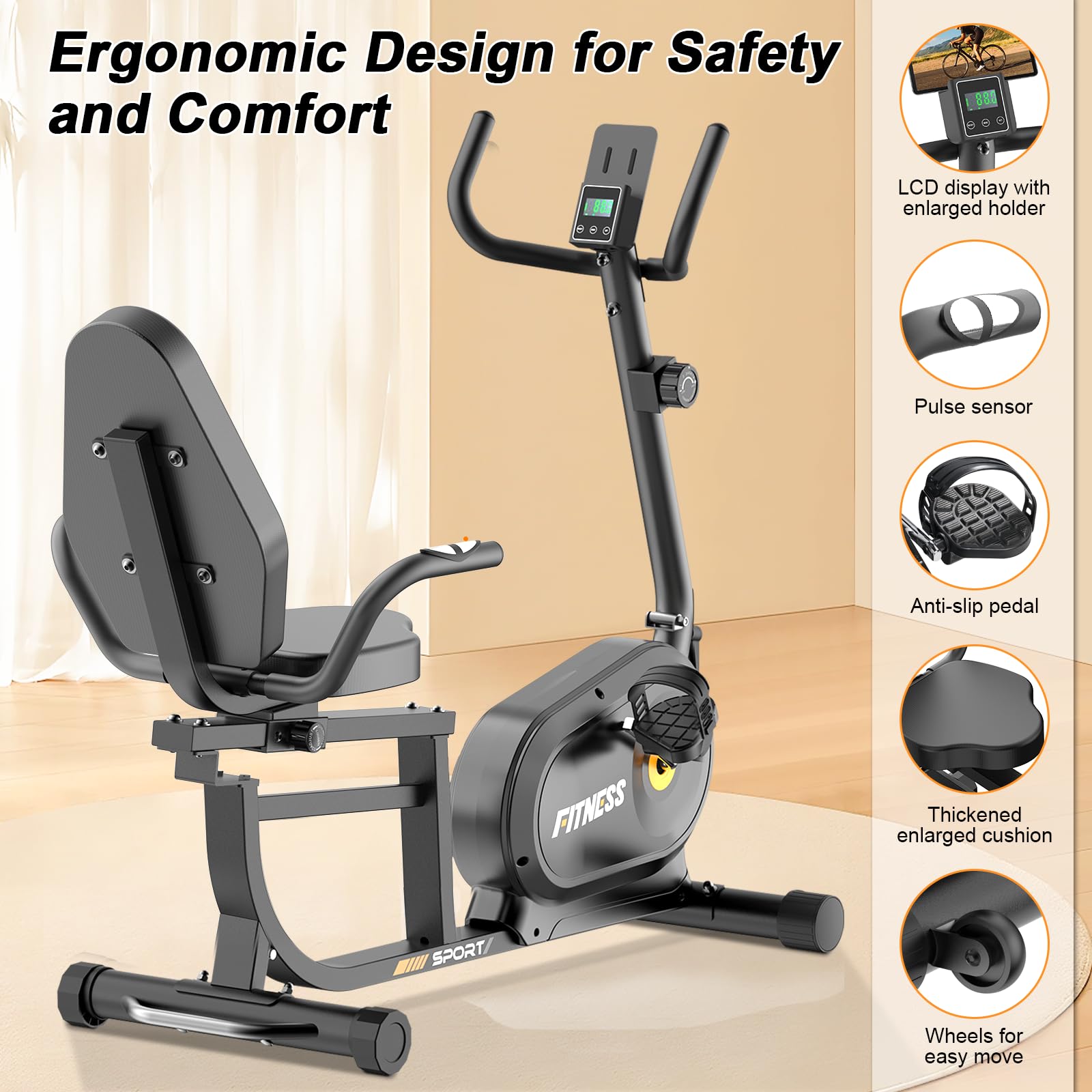 Dskeuzeew Liegeergometer für Zuhause mit verstellbaren Widerstandsstufen ergometer heimtrainer LCD-Display, Herzfrequenzsensoren und verstellbarer Rückenlehne 180 kg Belastbar
