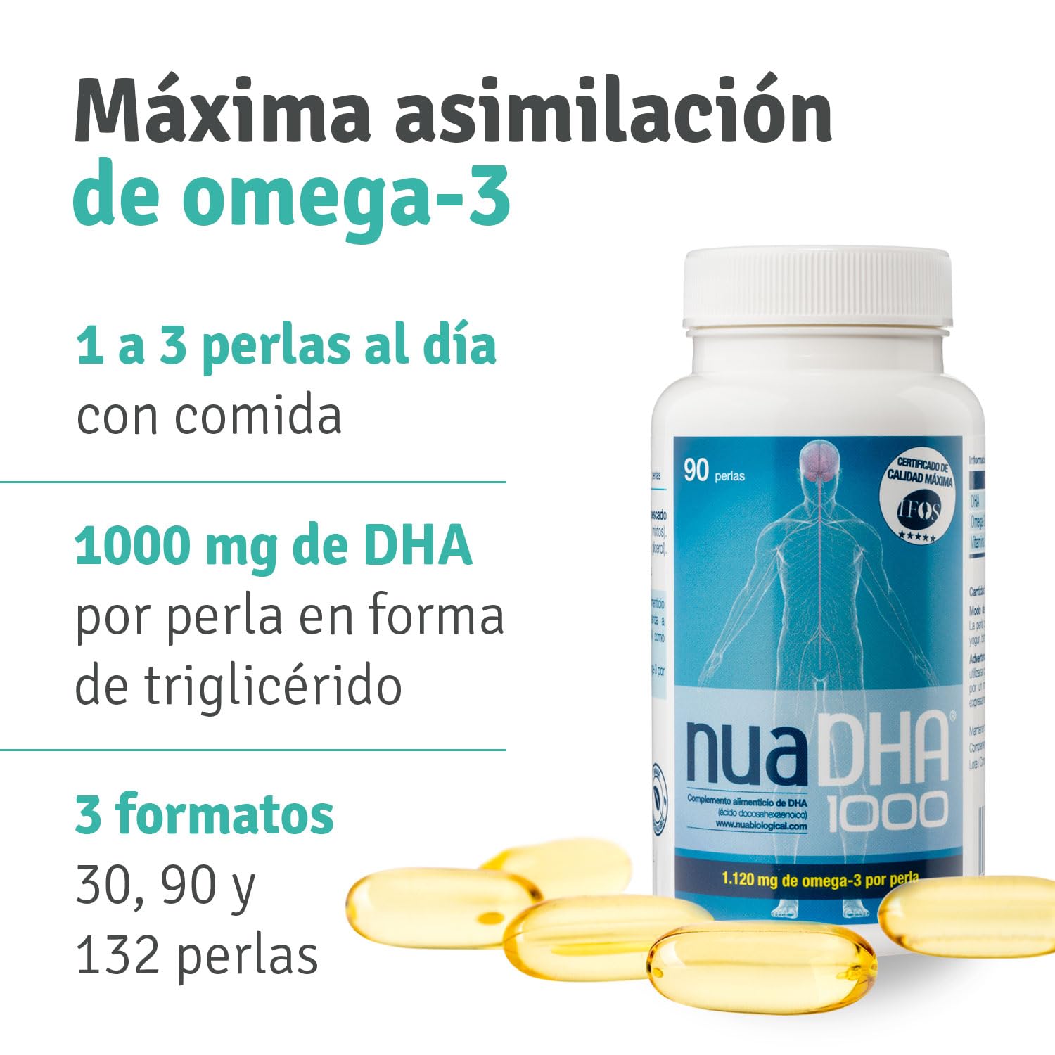 Nua Biological NuaDHA®1000 – Omega 3 100% DHA – 90 Perlas (3 Meses) – 1000 mg DHA por Perla – Forma Triglicérido – Alta Concentración – Sin Grasas Vacías