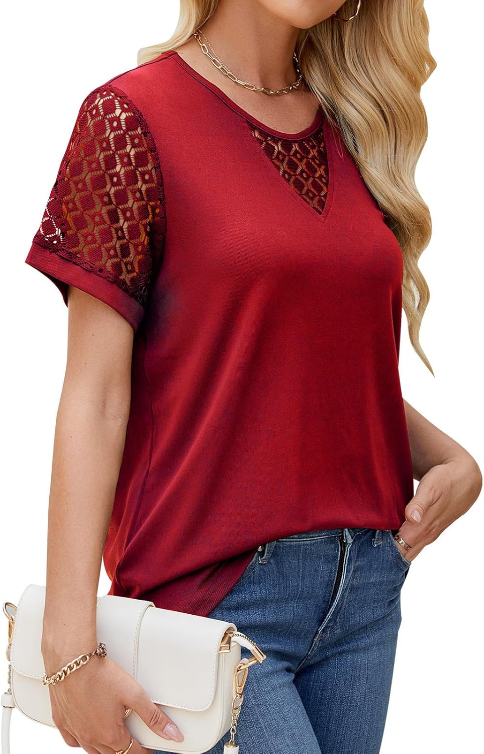 Womens Summer Lace Tops Trendy 2025 V Neck Short Sleeve T Shirts Casual Blouses Loose Shirts Business Work Shirts - Image 4