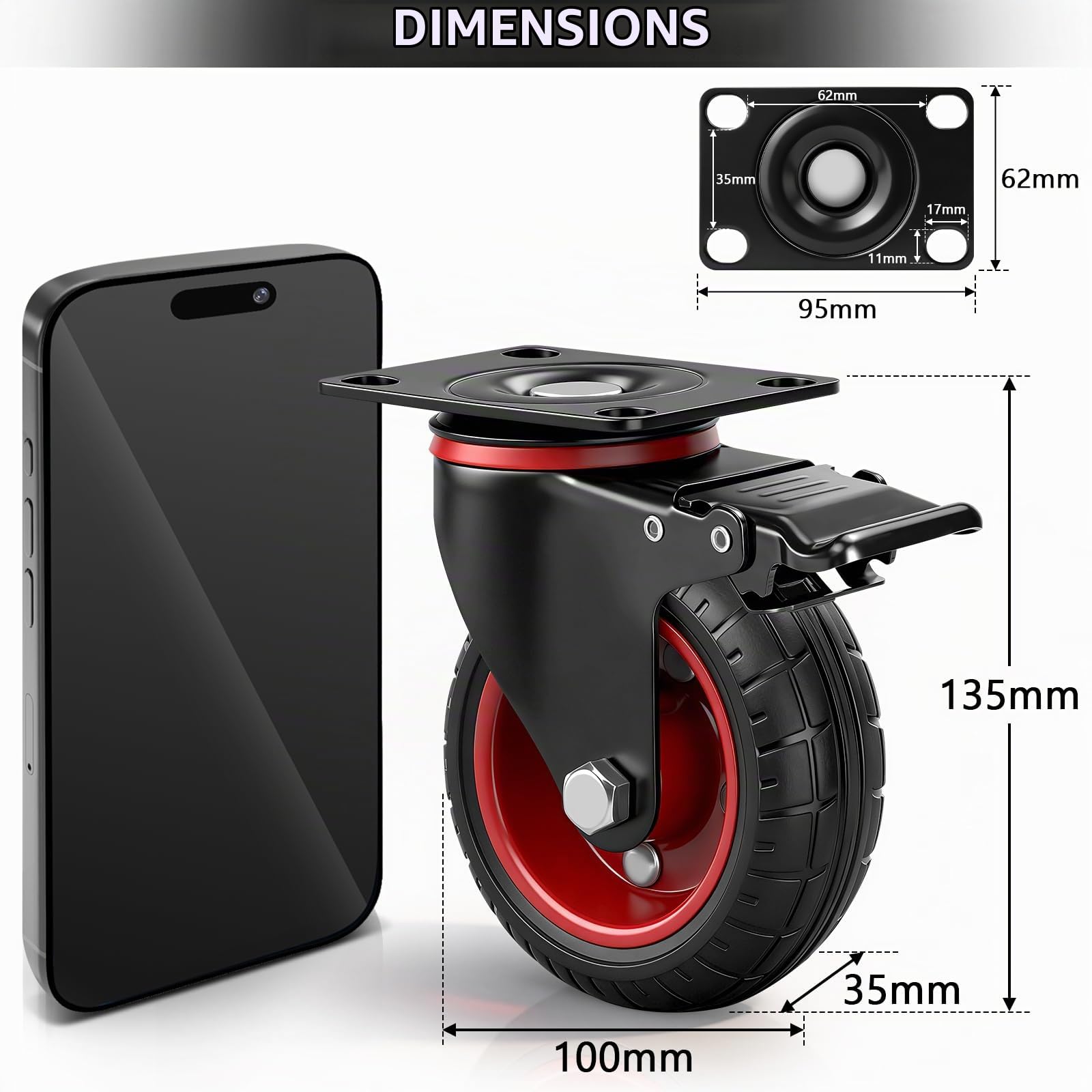 Lot de 4 roulettes pivotantes pour charges lourdes de 100 mm avec frein (2 roulettes pivotantes, 2 roulettes de frein)