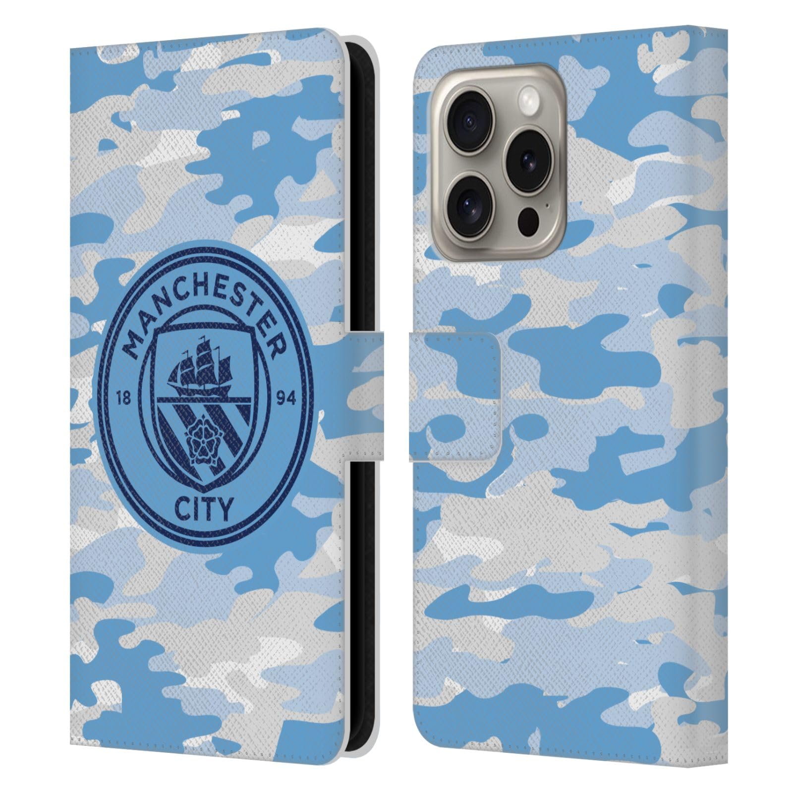 Head Case Designs Officially Licensed Manchester City Man City FC Light Blue Moon Mono Badge Camou Leather Wallet Case Compatible With Apple iPhone 16 Pro