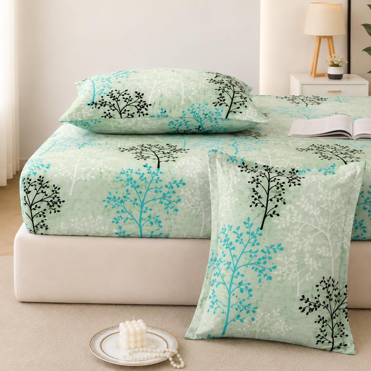 King Size Fitted Bedsheet 72x78x10 Inch with All Around Elastic | Glace Cotton Double Bed Sheet with 2 Pillow Covers 18x28 Inch | Soft Breathable Mint Green Floral | Aura Linen™-image-8