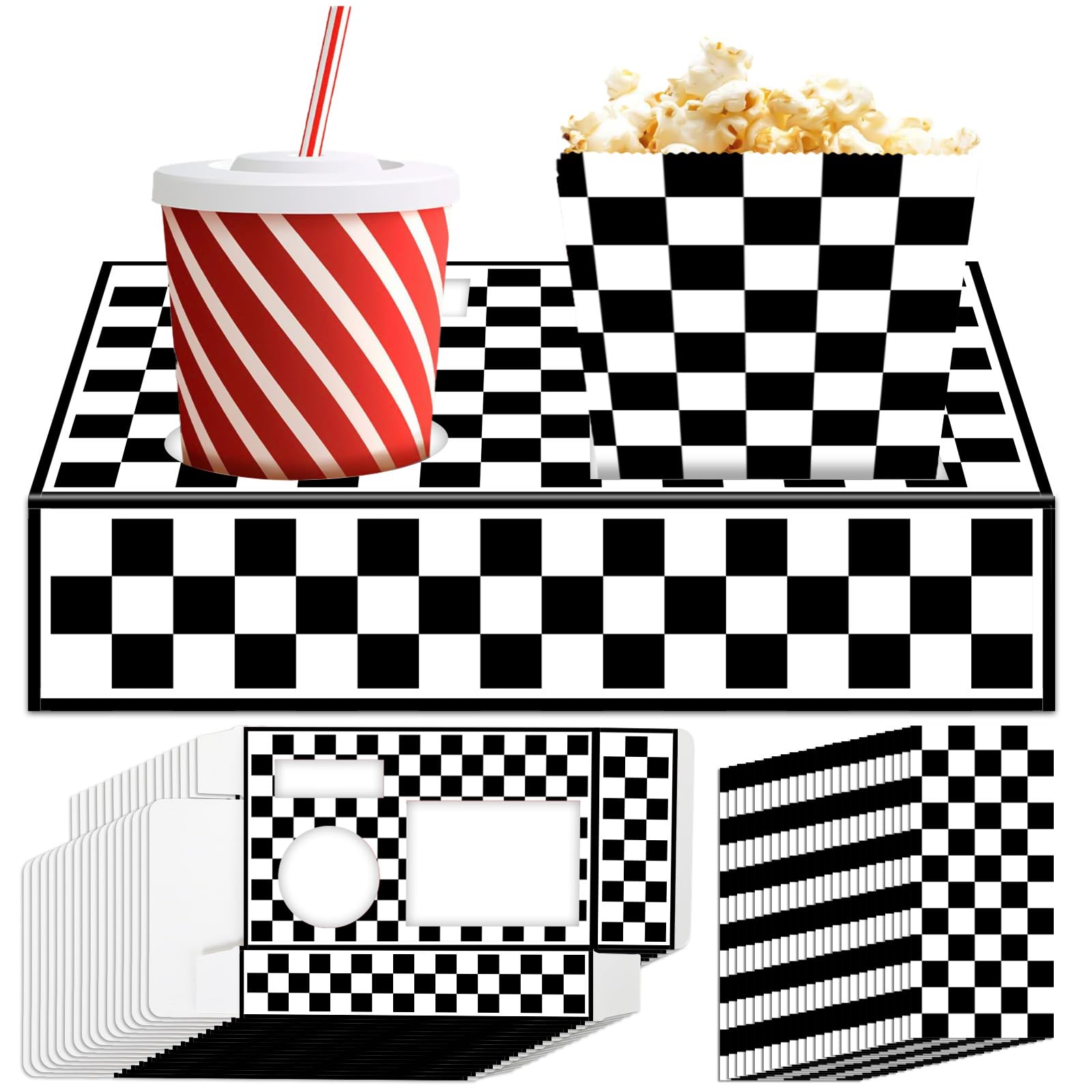48Pcs Movie Night Supplies 24 Movie Theater Snack Trays with 24 Popcorn Bags Black White Checkered Snack Boxes Race Car Party Paper Food Trays Car
