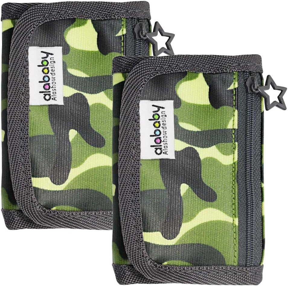 Set of 2 Student Trifold Canvas Hook and Loop Outdoor Sports Wallet for Boys and Girls Kids Camo Green Camouflage with Zipper Front Coin Pocket