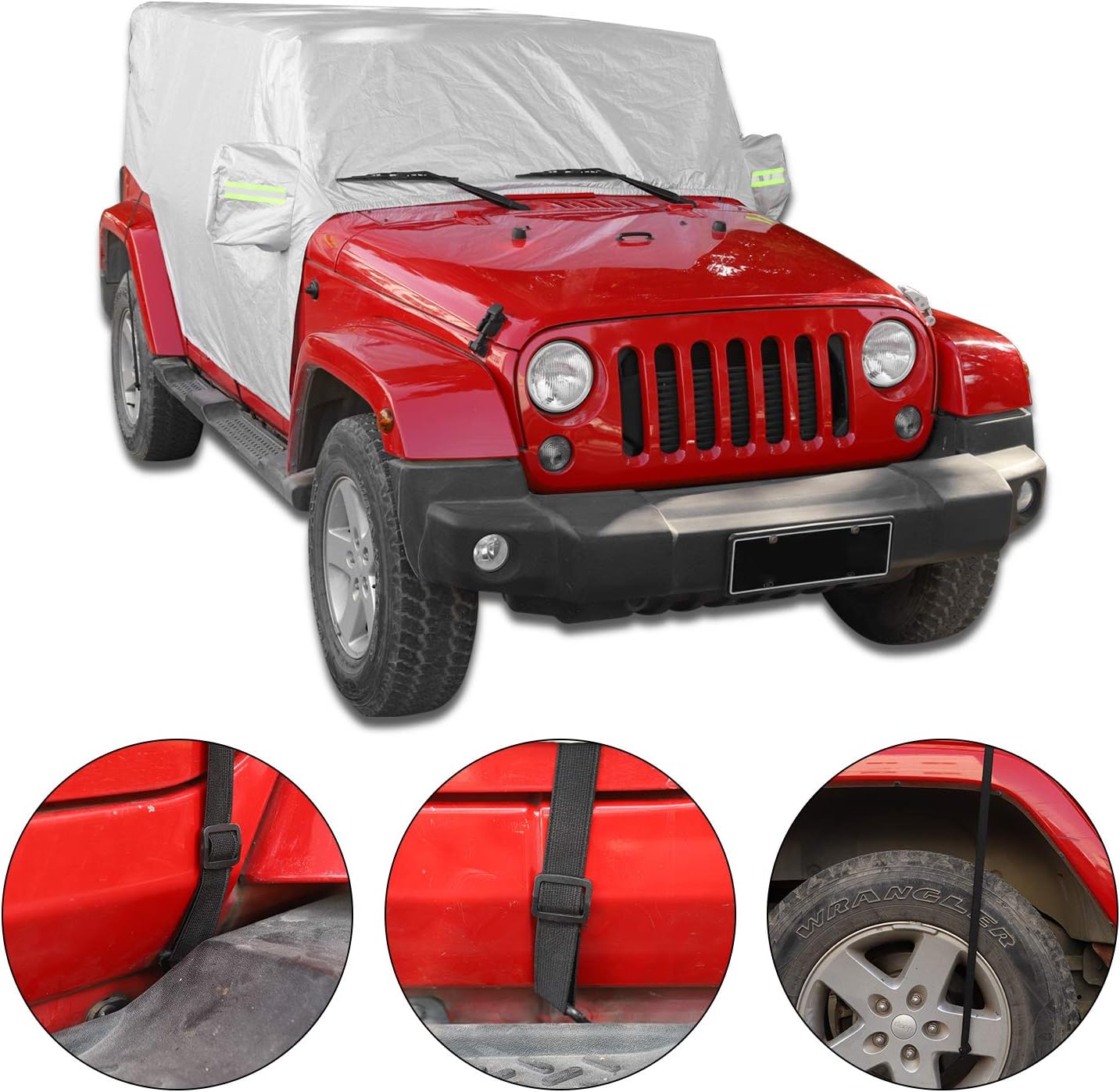 RT-TCZ Car Rain Sunshade Cover Compatible with 2007-2024 Jeep Wrangler JK JL 4 Door Windproof Dustproof Scratch Resistant Outdoor UV Protection Auto Cover