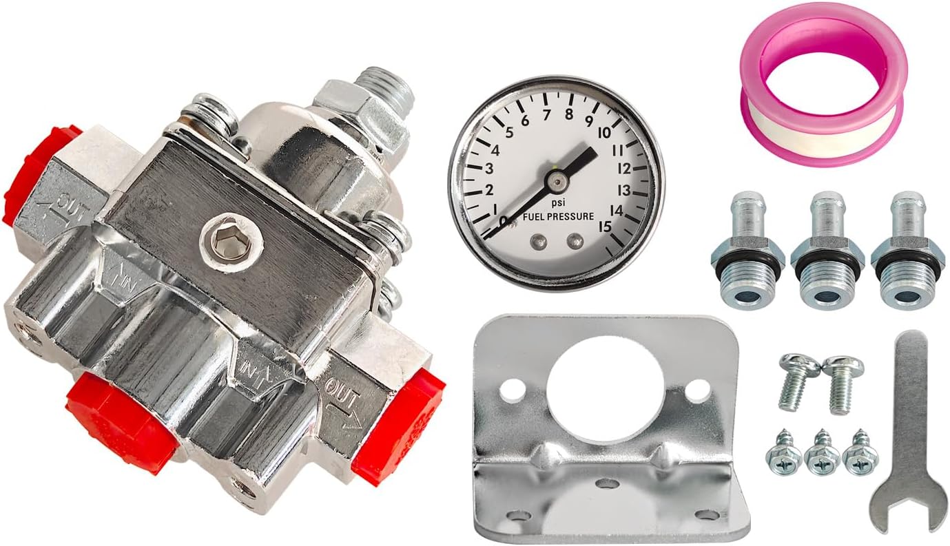 12-804 12804 Low Fuel Pressure Adjustable Regulator with Gauge Kit Fits for Holley Carburetor 1-4 PSI, 3/8" NPT, 1-in 2-Out