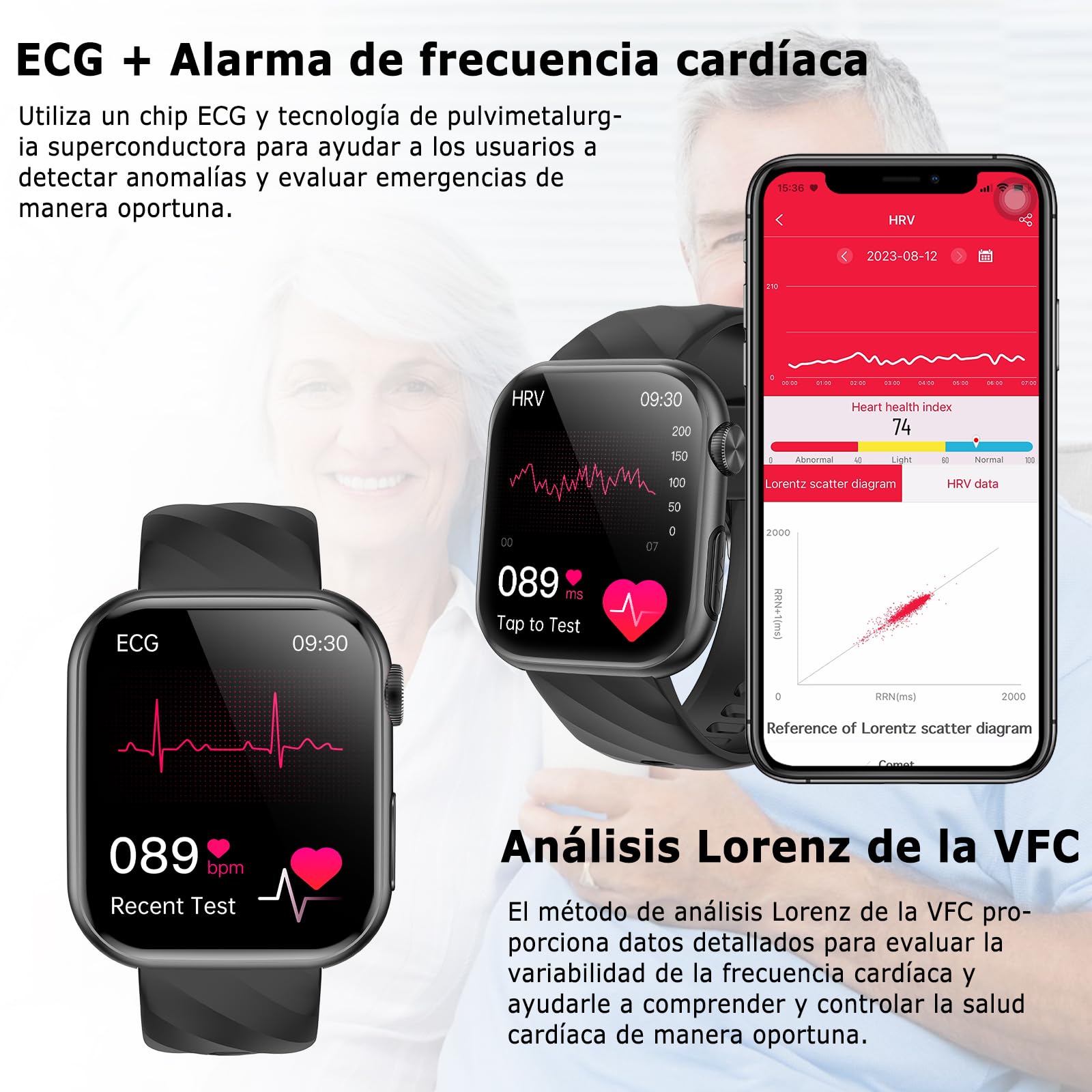 Marsyu Reloj Inteligente con ECG+HRV, Presión Arterial, Sueño, Hombre Mujer | 1,97" AMOLED Reloj Salud con Composición Corporal, Microchequeo, 24H Pulsómetro, SpO2, IMC, Temperatura, Ciclo Menstrual, SOS