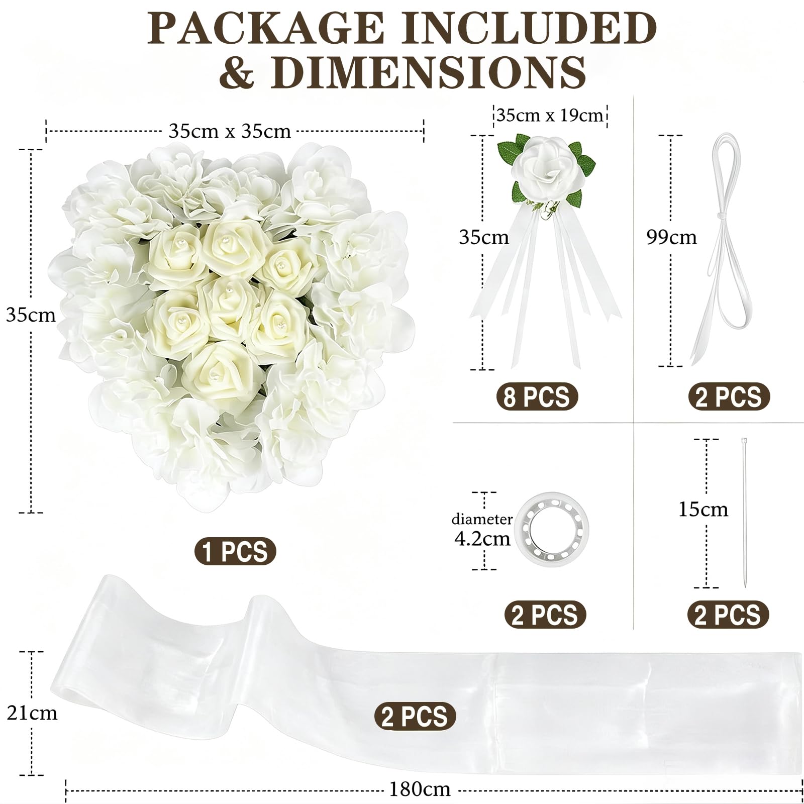 Set di decorazioni per auto per matrimonio, cofano di nozze, fiori artificiali bianchi, set di decorazioni per auto con 1 ghirlanda di cuori, 8 fiori, 2 tulle da 1,8 m, ecc., decorazione per auto per