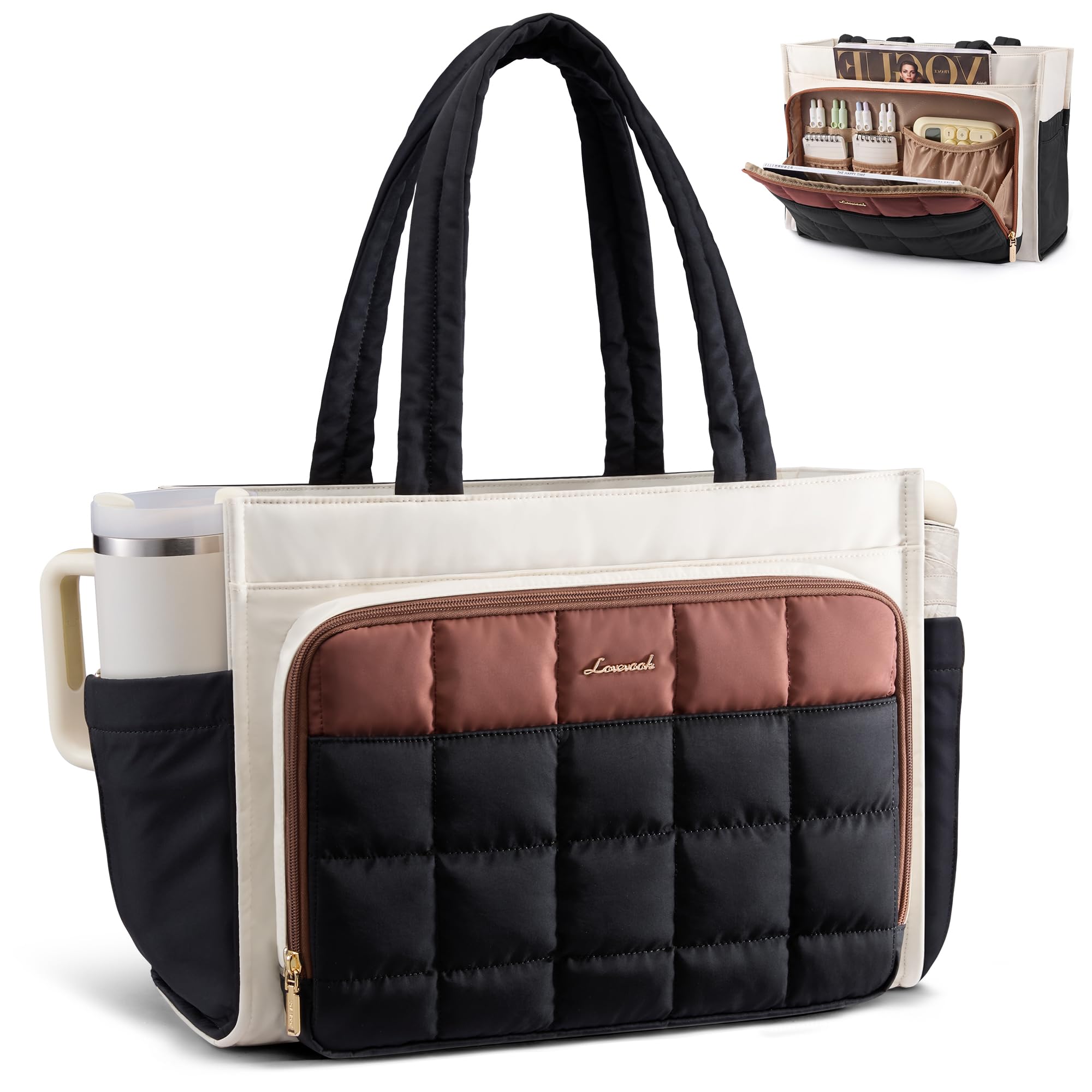LOVEVOOK Teacher Tote Bag for Women Work Laptop Purse With Large Cup Holder | Large Puffer Nurse Handbag Bible Diaper Tote for Gifts, 15.6 Inch Waterproof Computer Bag for Business Travel Office College Cream-black-brown 15.6 inch