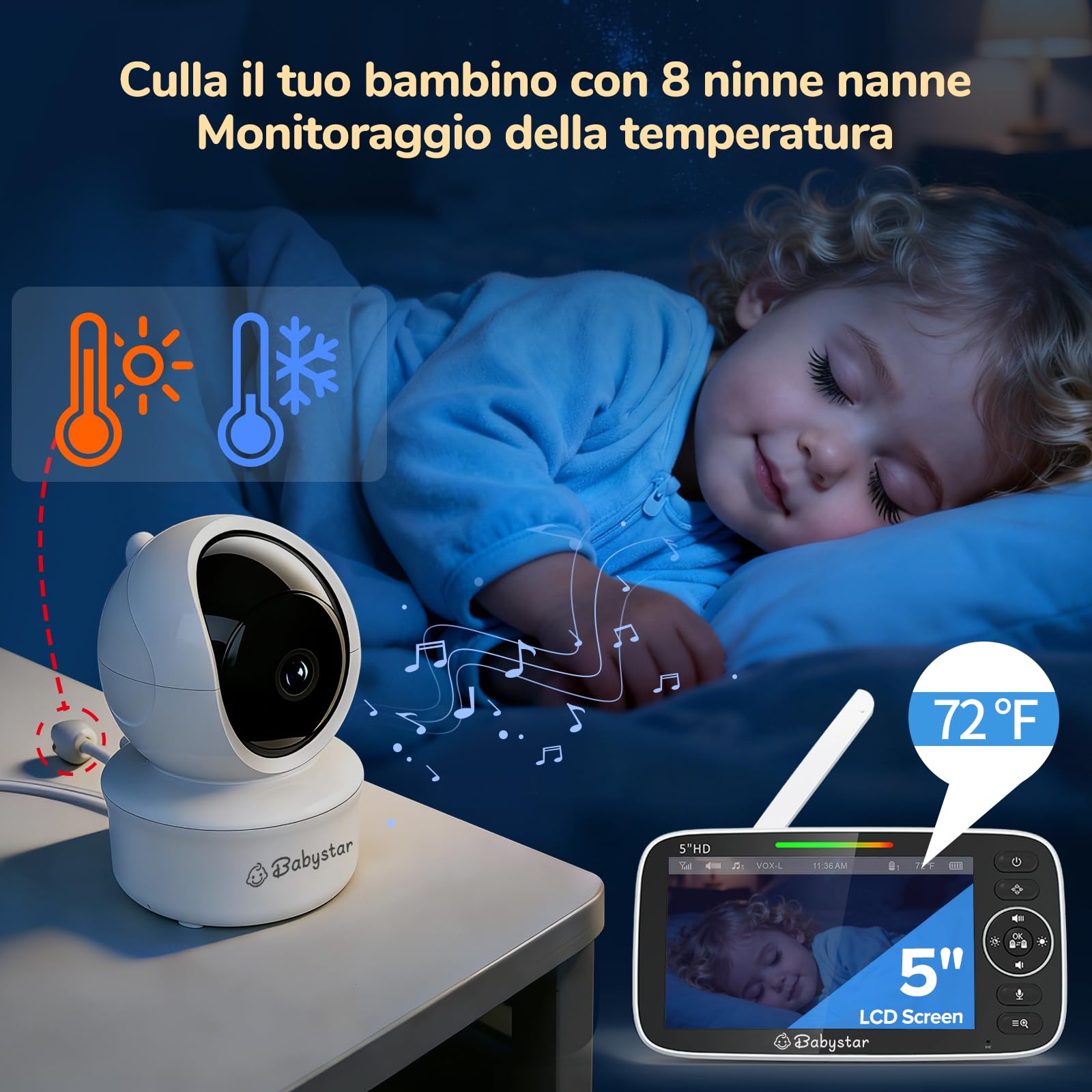 Babystar Babyphone con fotocamera da 5 pollici, 720P, video HD, senza Wi-Fi, con fotocamera e audio, funzione vox, sensore di temperatura, visione notturna, audio a 2 vie