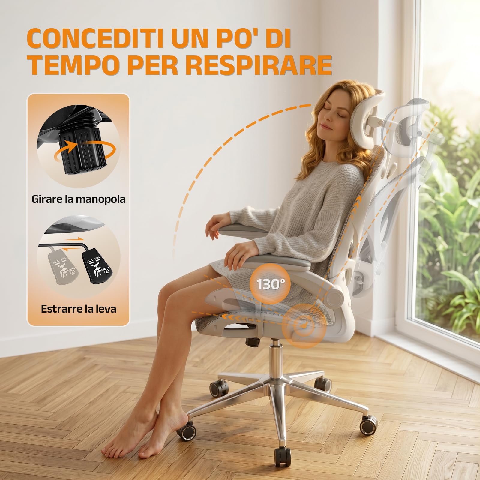 naspaluro Sedia da Ufficio Ergonomica, Supporto Lombare Regolabile, Grigio | sedia da scrivania Cuscino testa regolabile 3D, Inclinazione 90-130°, Sedia da Computer Girevole Confort per Casa e Ufficio
