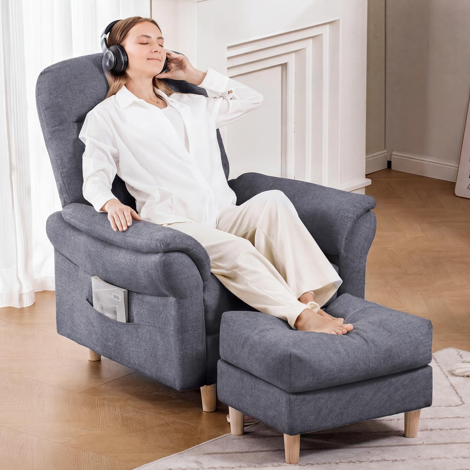 COMHOMA Relaxsessel Fernsehsessel mit Liegefunktion, Liegesessel mit Hocker & 4 Verstellbarer Rückenlehne, Polstersessel Stoff Einzelliegesessel Wohnzimmer Schlafzimmer Heimkino, Chenille, Grau