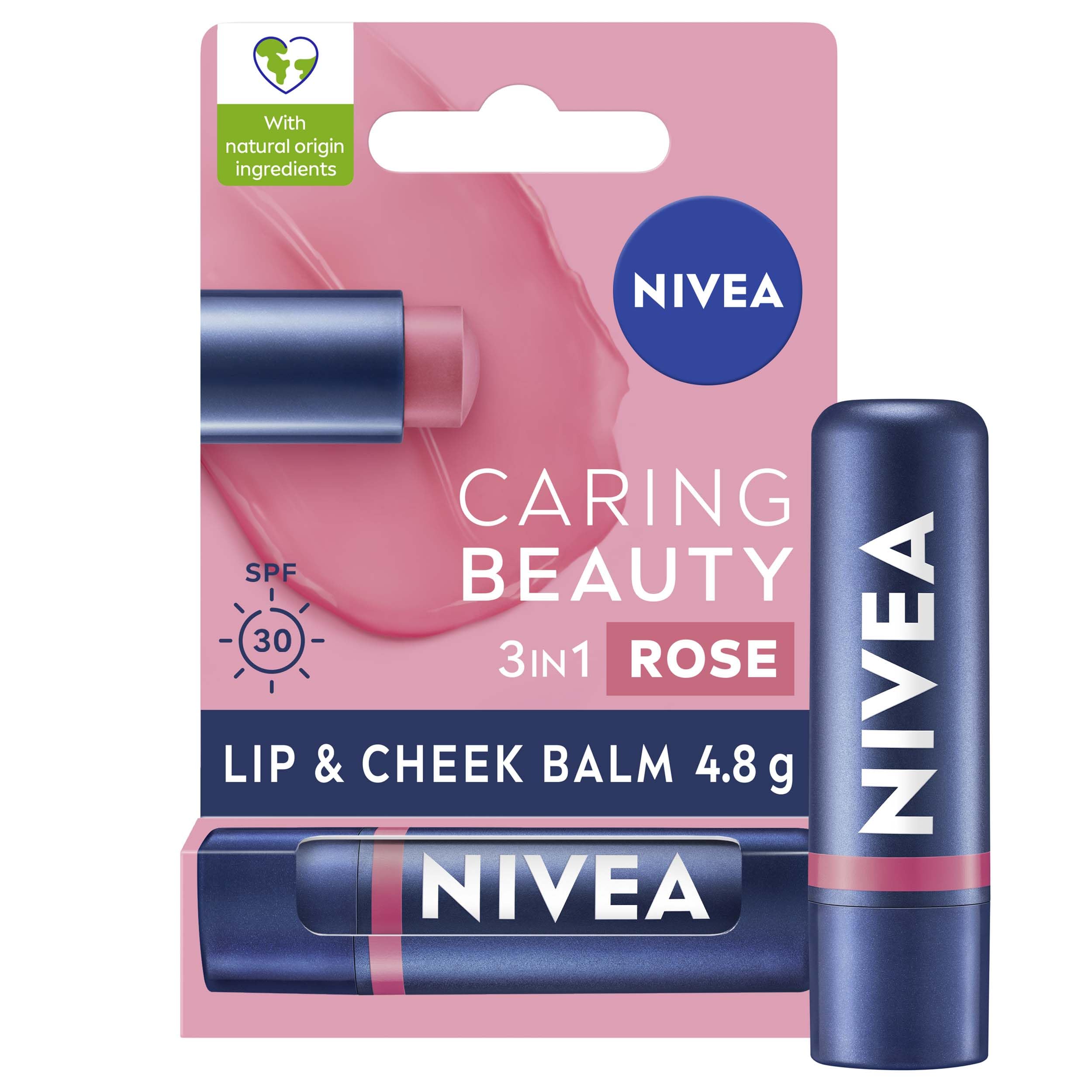 NIVEACaring Beauty Rose Nude Lip Balm SPF30 (4.8g), 3-in-1 Buttery Lip and Cheek Tint, Rich Colour and 24H Moisturisation with SPF 30 Protection