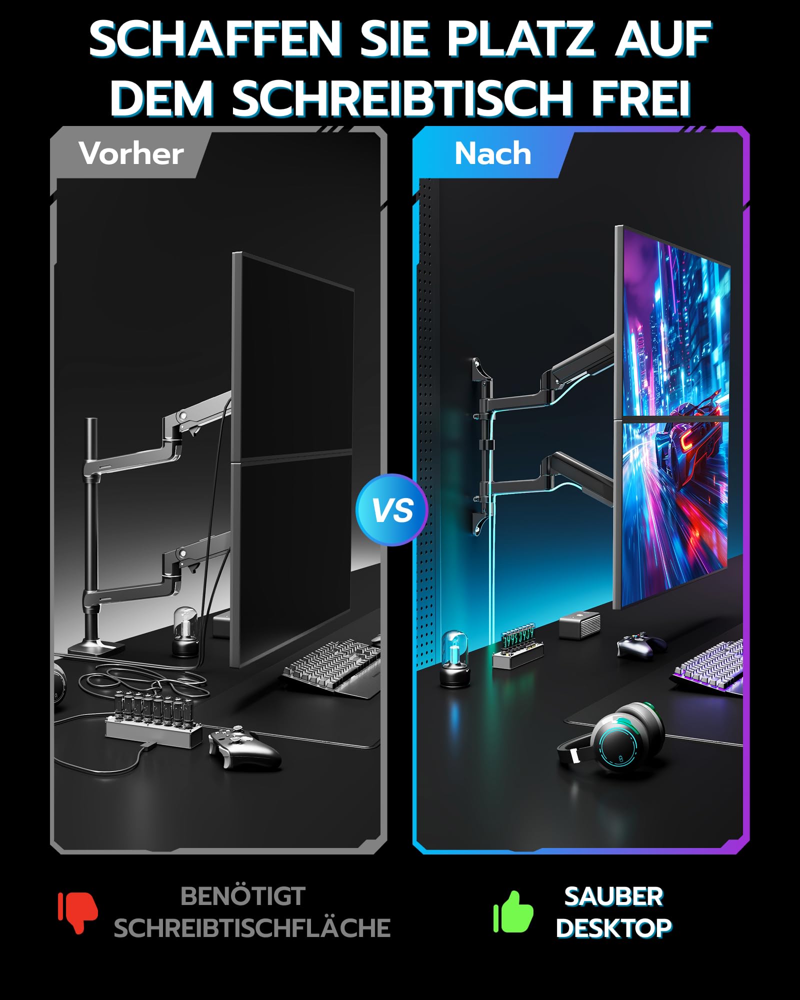 ARES WING Soporte de Pared para 2 monitores de 17"-40"