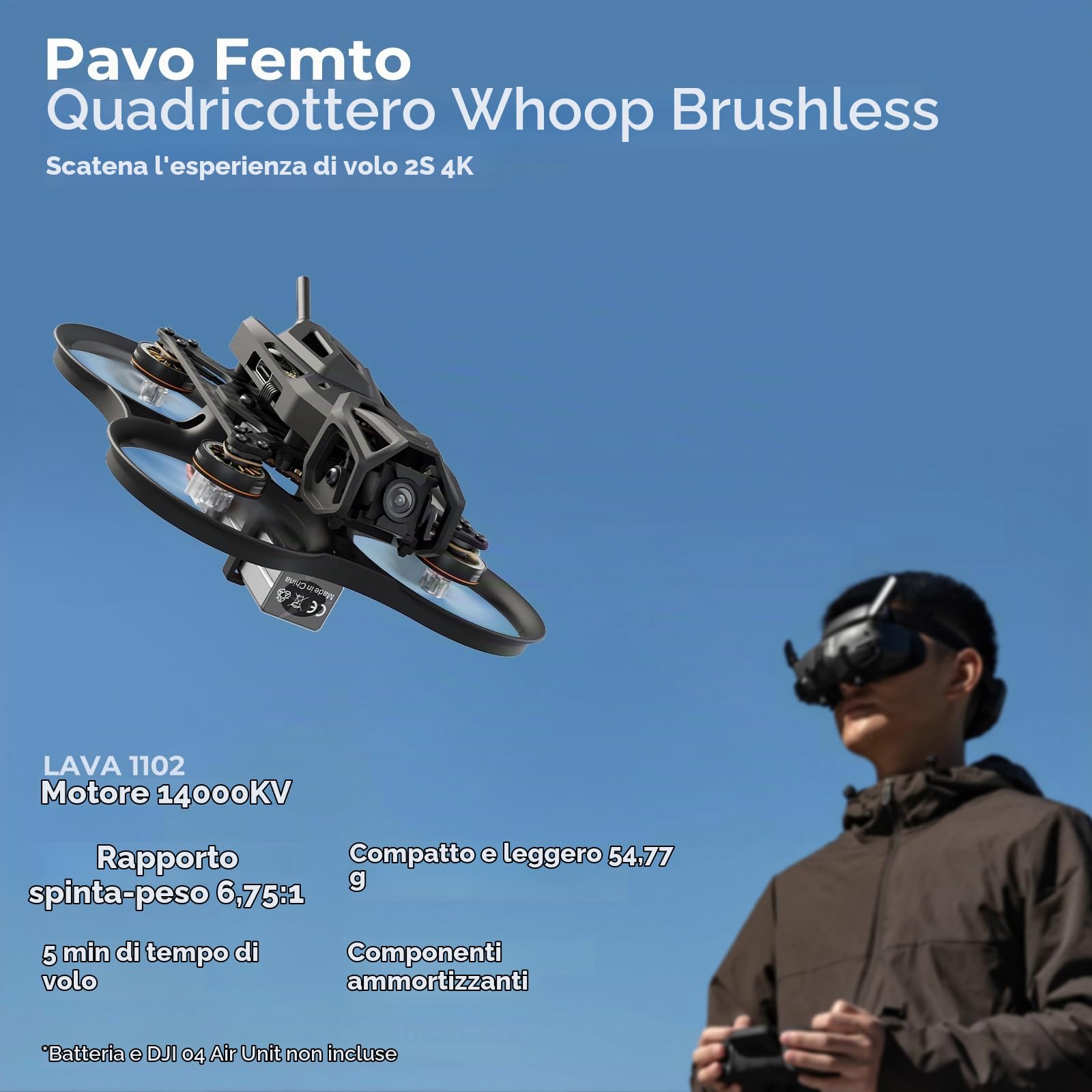 BETAFPV Pavo Femto Brushless 2S Pocket Drone with HD VTX Bracket for O4 | Compatible with F4 2-3S 20A FC, LAVA 1102|14000KV Motor, for Flying Smooth Aerial Photography Freestyle Flight