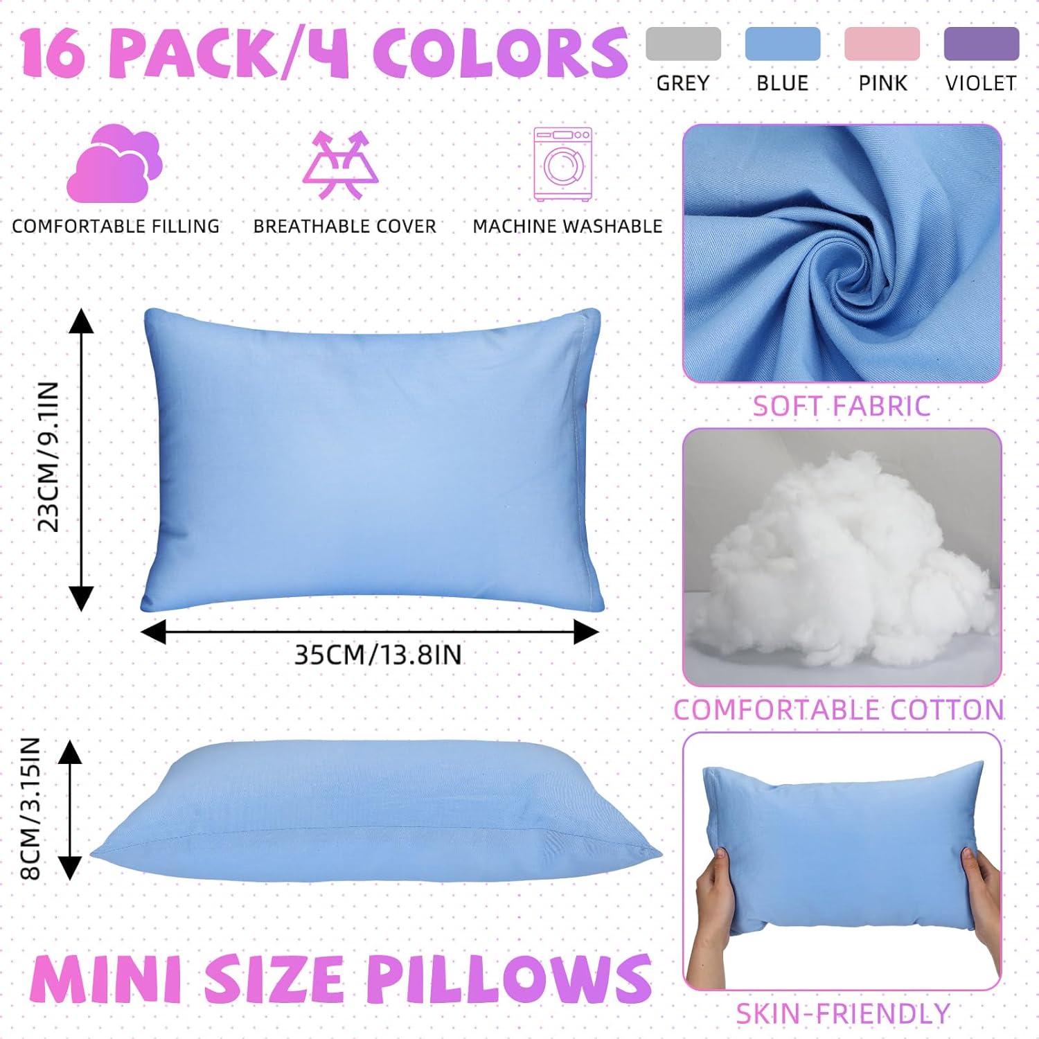 Kigley 16 Pcs Mini Pillow 14" x 9" Small Pillows for Sleeping Daycare Travel Nap Time Neck Lumbar(Light Colors)