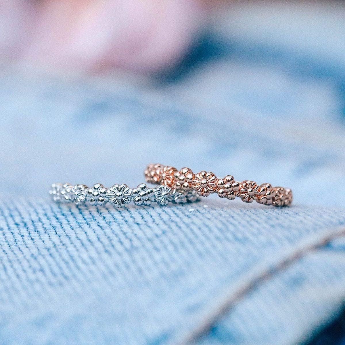 Pura Vida Silver-Plated Floral Stackable Ring - Sterling Silver Band Design - Sizes 5-9