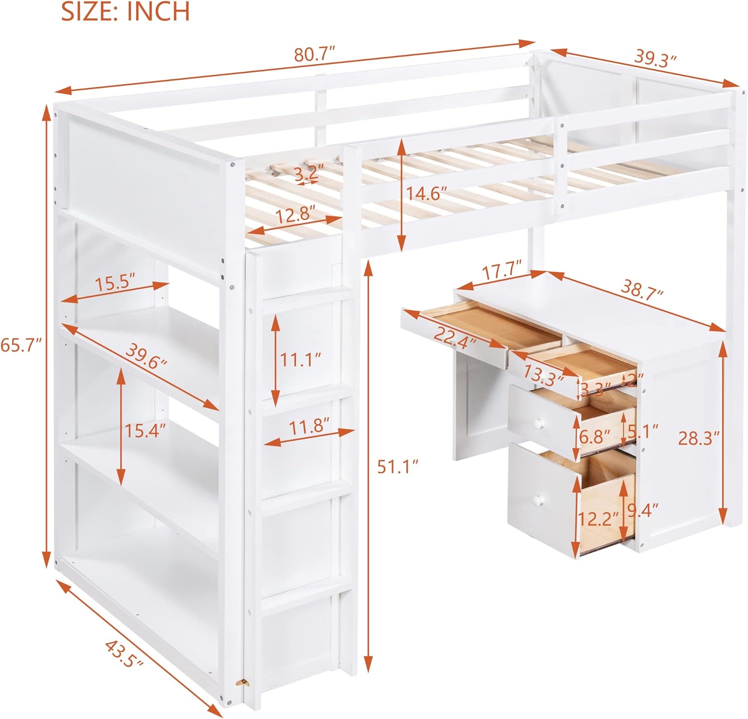 Dimensions of ModernLuxe Twin Size Loft Bed