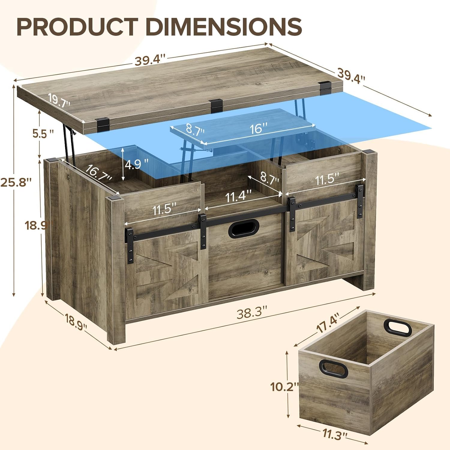 40" Farmhouse Lift Top Coffee Table with Sliding Barn Door,4 in 1 Multi-Function Coffee Tables with Storage Drawers & Hidden Compartment,Converts to Dining Table for Living Room,Grey